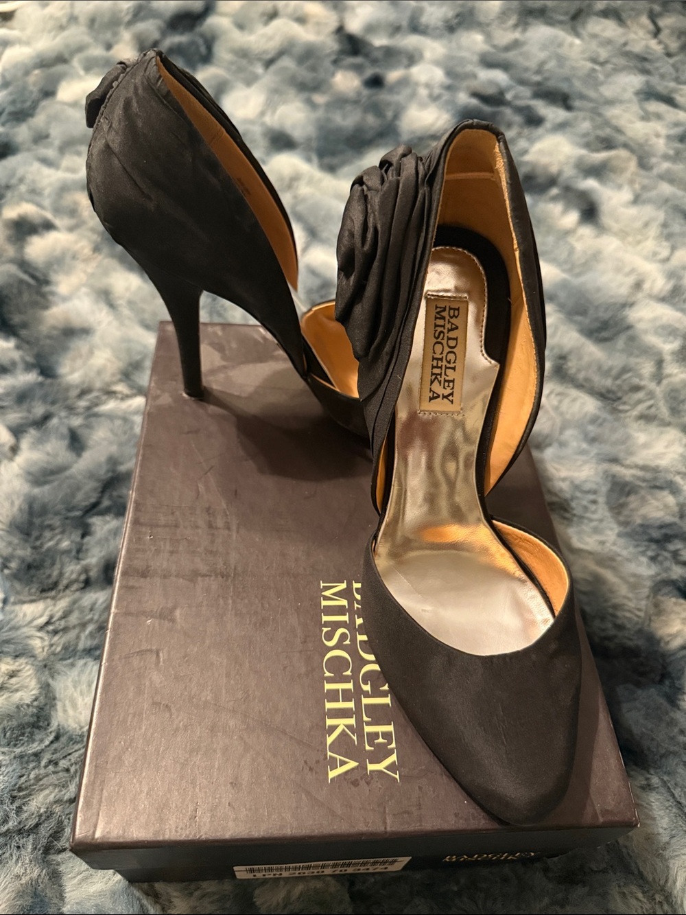 Badgley Mischka Lily Black Satin D'Orsay Heel with Rosette Detail